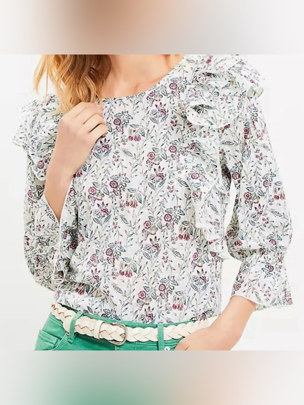 LOFT Floral Scalloped Ruffle Blouse Cream Puff Size L - EUC
